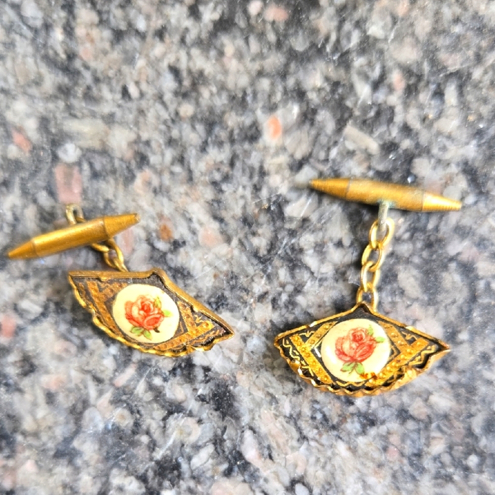 Vintage Gold and Black Cufflinks with Rose Design